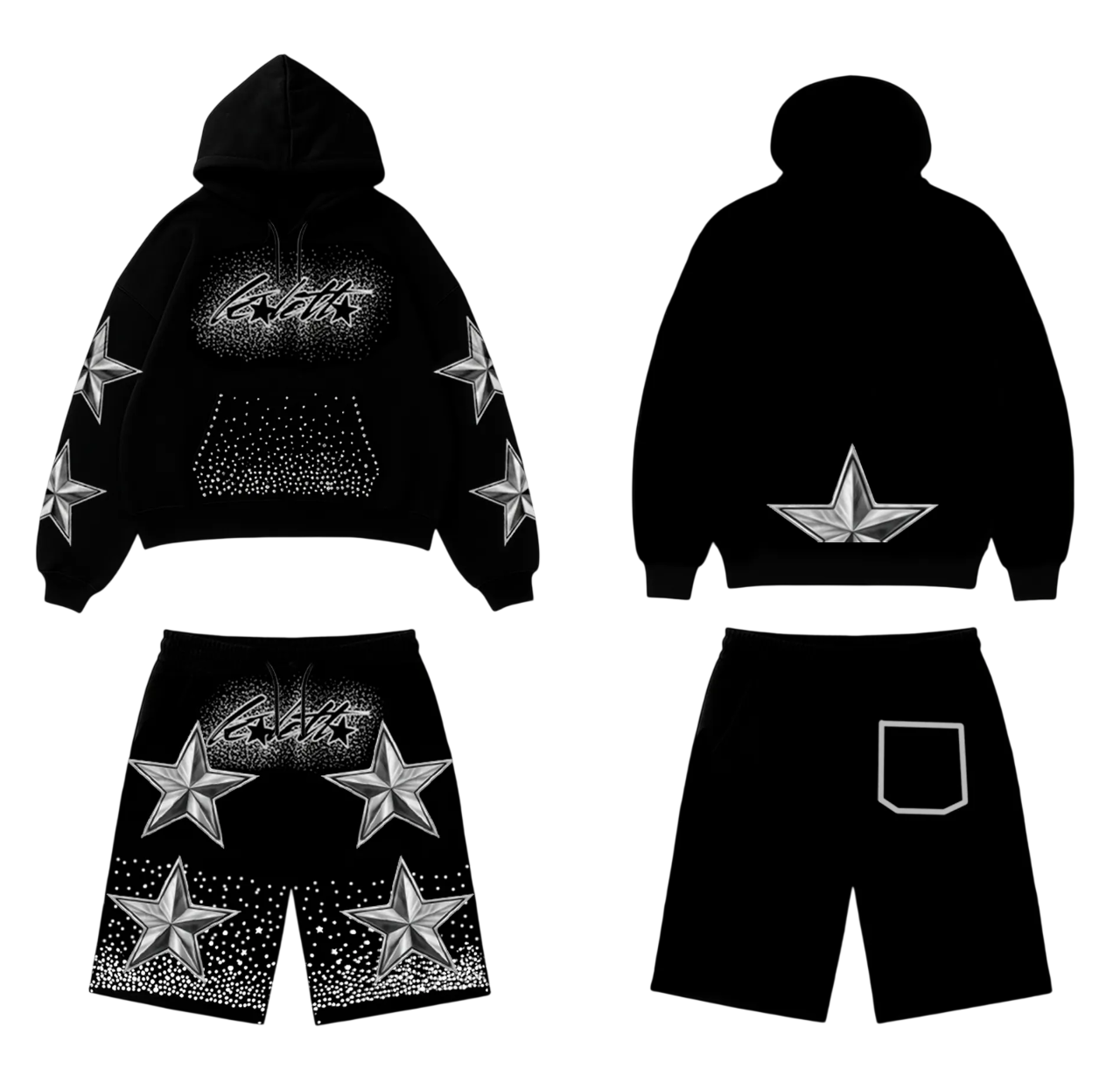 Conjunto Pedreria Hoodie y Short Dawn Star Black — Drip